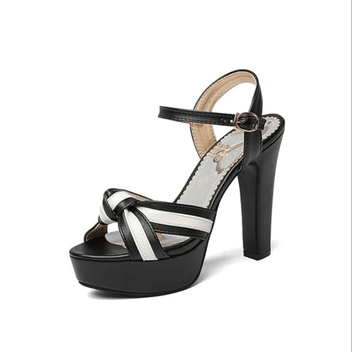 GZHMMAN Damen Sandalen Pumps Hoher Absatz Geknotete Träger Zwei Farben Dicker Absatz 9CM Hoch,Black,35 von GZHMMAN