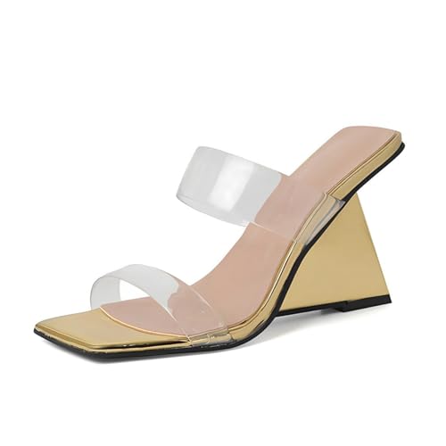 GZHMMAN Damen-Sandalen mit Eckiger Spitze und Hohem Absatz und Geformtem Absatz Offene Spitze Offene Ferse Doppelte Inline-PVC-Riemen Absatzhöhe 8 cm,Gold,36 von GZHMMAN