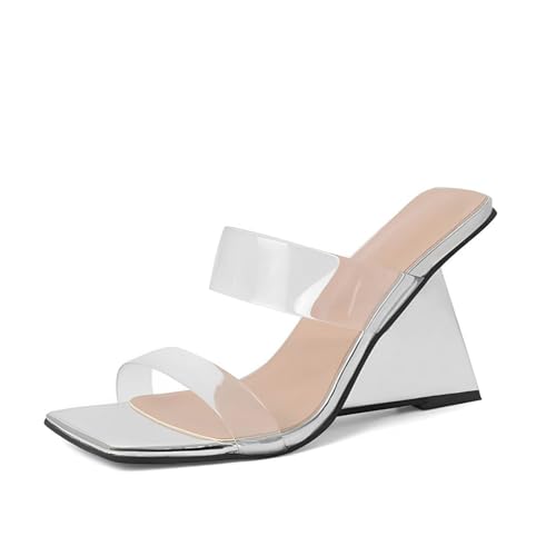 GZHMMAN Damen-Sandalen mit quadratischem Zehenbereich und speziellem Absatz, offener Zehenbereich, offener Absatz, doppelt gerade, PVC-Riemen, Absatzhöhe 8 cm, Silber, Größe 42 von GZHMMAN