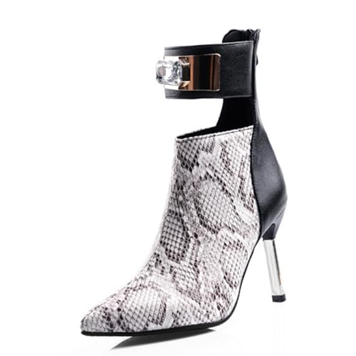 GZHMMAN Damen Spitzschuh Stiefeletten Pumps Stiletto Schuh Metallabsatz Schlangenmuster Strass Booties Nähte Gürtelschnalle Reißverschluss Hinten Höhe 9 cm, Snake Pattern,37 von GZHMMAN