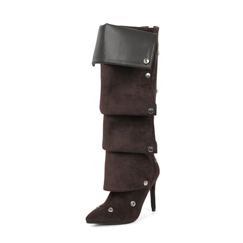 GZHMMAN Damen-Stiefel aus Wildleder, kniehohe Stiefel, spitzer Zehenbereich, Stiletto-Absatz, stapelbar, Druckknopfverschluss, Reißverschluss, Rest und Unterhaltung, hohe Höhe 10 cm, Braun, Größe 40 von GZHMMAN