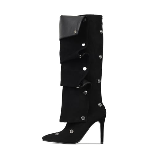 GZHMMAN Damen-Stiefel aus Wildleder, kniehohe Stiefel, spitzer Zehenbereich, Stiletto-Absatz, stapelbar, Druckknopfverschluss, Reißverschluss hinten, Unterhaltung und Unterhaltung, hohe Höhe 10 cm, von GZHMMAN