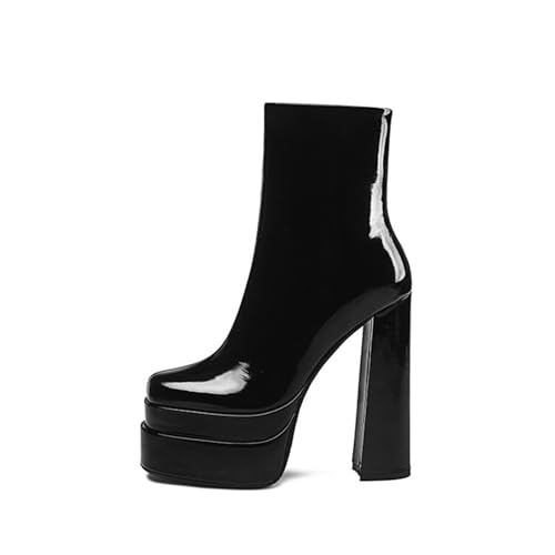 GZHMMAN Damen-Stiefel mit Hohen Absätzen Quadratische Zehenpartie Doppellagige wasserdichte Plattform Dicker Absatz Lackleder Pendeln Lässig Party Absatzhöhe 15 cm,Black,38 von GZHMMAN