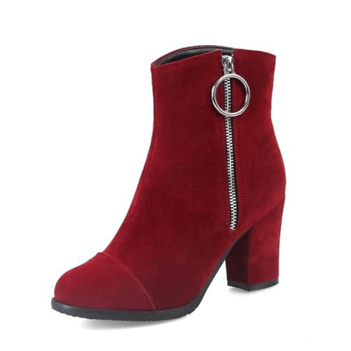 GZHMMAN Damen-Stiefel mit rundem Zehenbereich, Veloursleder, Blockabsatz, seitlicher Reißverschluss, Ring-Reißverschluss, Absatzhöhe 7 cm, geeignet für legeres Pendeln, Rot, Größe 53 von GZHMMAN