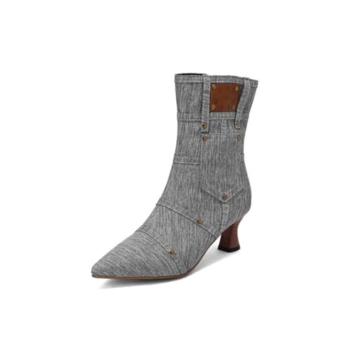 GZHMMAN Damen-Stiefeletten, spitzer Zehenbereich, Hufeisenabsatz, seitlicher Reißverschluss, Nieten, Schnürtasche, Jeans-Stil, Schuhe, Absatzhöhe: 6 cm von GZHMMAN