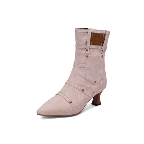 GZHMMAN Damen-Stiefeletten, spitzer Zehenbereich, Hufeisenabsatz, seitlicher Reißverschluss, Nieten, Schnürtasche, Jeans-Stil, Schuhe, Absatzhöhe: 6 cm von GZHMMAN