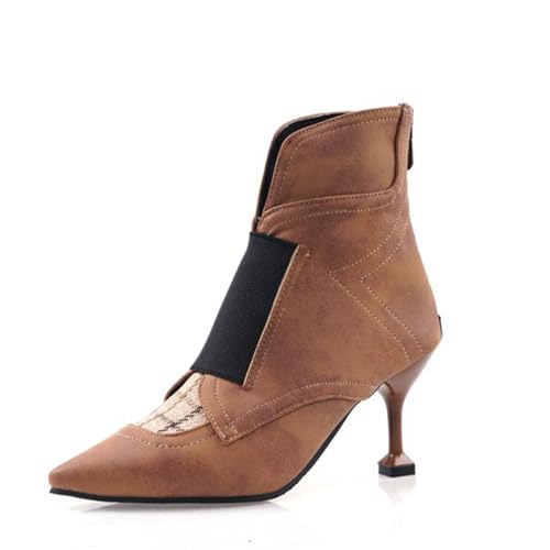 GZHMMAN Damen-Stiefeletten, spitzer Zehenbereich, hohe Absätze, Stiletto-Pumps, Ledernähte, Reißverschluss, hohe Höhe, 7 cm, Braun, Größe 41 von GZHMMAN