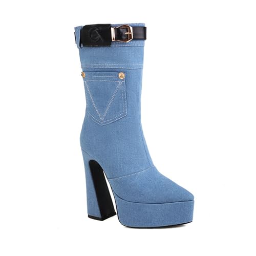 GZHMMAN Damen-Stiefeletten, stilvoller Denim mit Gürtelschnallen, Taschen-Styling-Nieten und einem Jeans-inspirierten Look für eine bequeme und modische Passform, Hellblau, 40 von GZHMMAN