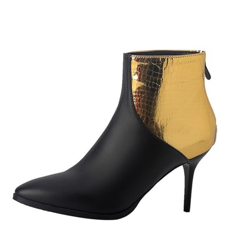 GZHMMAN Damen Stiefeletten Moderne Spitz Zulaufende Kombinationsschuhe Aus Schlangenleder mit Dünnem Absatz und Reißverschluss Hinten Absatzhöhe 8CM,Gold,32 von GZHMMAN