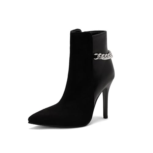 GZHMMAN Damen Stiefeletten Pumps Spitz Zulaufender Zeh Stiletto Schuhkette Booties Nähte Seitlicher Reißverschluss Absatzhöhe 11 cm, Black,41 von GZHMMAN