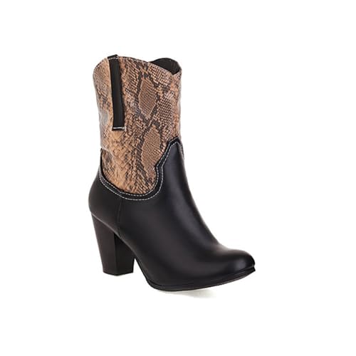 GZHMMAN Damen Stiefeletten mit Hohem Absatz Spitze Zehenpartie Blockabsatz Slip-On Ledereinsätze Schlangenprint Am Schaft Geeignet Als Shopping- und Party-Freizeitschuh Absatzhöhe 8cm, Camel,37 von GZHMMAN