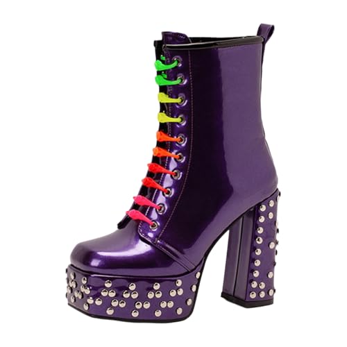 GZHMMAN Damen-Stiefeletten mit Quadratischer Zehenpartie Kurzer Stiefel mit Hohem Absatz Blockabsatz mit Dicker Sohle Regenbogen-Schnallennieten Aus Lackleder Absatzhöhe 13CM,Purple,40 von GZHMMAN