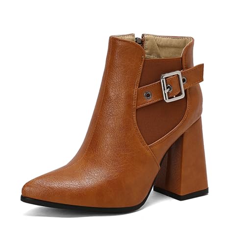 GZHMMAN Damen-Stiefeletten mit Spitzer Zehenpartie Hoher Absatz Kurze Stiefel Dicker Absatz Gürtelschnalle Aus Metall mit Seitlichem Reißverschluss, Elastisch Absatzhöhe 10CM,Brown,43 von GZHMMAN