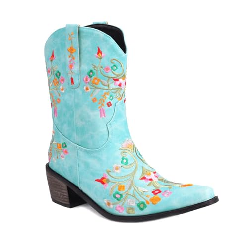 GZHMMAN Damen-Stiefeletten mit Spitzer Zehenpartie und Quadratischem Absatz Zum Hineinschlüpfen Bestickte Blumen und Nähte, Absatzhöhe 5 cm, Light Blue,34 von GZHMMAN