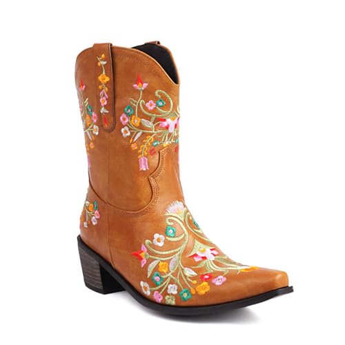 GZHMMAN Damen-Stiefeletten mit Spitzer Zehenpartie und Quadratischem Absatz Zum Hineinschlüpfen Bestickte Blumen und Nähte, Absatzhöhe 5 cm, Yellow,37 von GZHMMAN