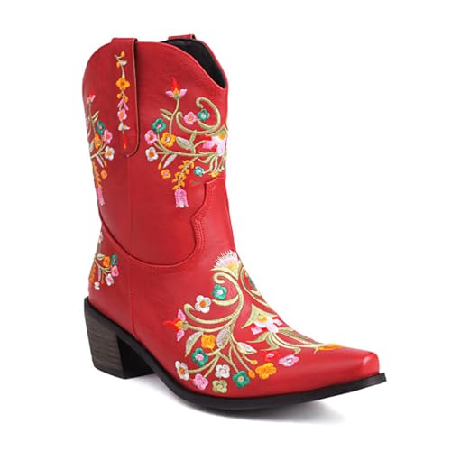 GZHMMAN Damen-Stiefeletten mit Spitzer Zehenpartie und Quadratischem Absatz Zum Hineinschlüpfen Bestickte Blumen und Nähte, Absatzhöhe 5 cm, red,36 von GZHMMAN