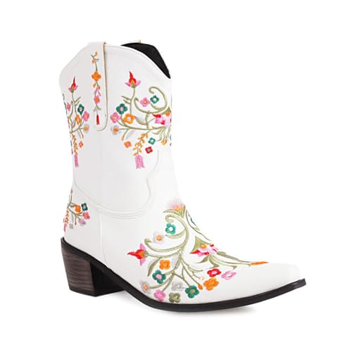 GZHMMAN Damen-Stiefeletten mit Spitzer Zehenpartie und Quadratischem Absatz Zum Hineinschlüpfen Bestickte Blumen und Nähte, Absatzhöhe 5 cm,White,37 von GZHMMAN