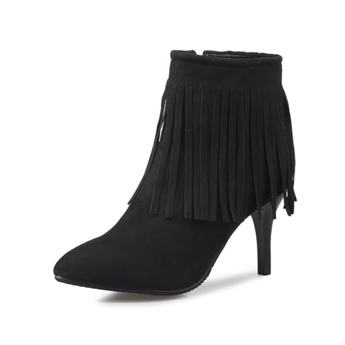 GZHMMAN Damen Stiefeletten mit hohem Absatz, Veloursleder, Stiletto-Quaste, seitlicher Reißverschluss, geeignet für Dating-Partys und Tanzabsätze, 10 cm, Schwarz, 42 von GZHMMAN