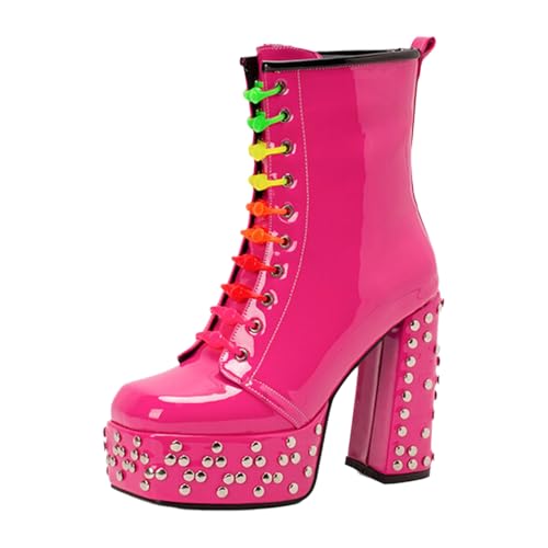 GZHMMAN Damen-Stiefeletten mit quadratischem Zehenbereich, hoher Absatz, dicker Boden, Blockabsatz, Lackleder, Regenbogen-Schnalle, Nieten, Absatzhöhe 13 cm, Rosa, Größe 45 von GZHMMAN