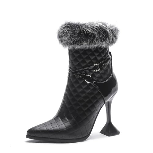 GZHMMAN Damen Stiefeletten mit spitzem Zehenbereich, hohe Absätze, Stiletto-Pumps, Ledernähte, seitlicher Reißverschluss, Booties, Schuh, Rautenmuster, Gürtelschnalle, Revers, hohe Höhe 10 cm, von GZHMMAN