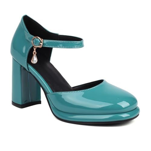 GZHMMAN Damenpumps Hoher Absatz Strass-Anhänger Sandalen Quadratischer Kopf Dicke Sohle Dicker Absatz Knöchelriemen 9CM Hoch, Cyan,34 von GZHMMAN