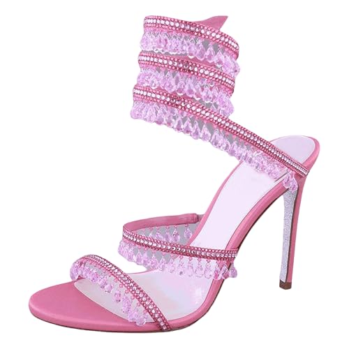 GZHMMAN Damensandalen mit hohem Absatz, doppelte Knöchelriemen mit Strass-Kristall-Anhänger, verstellbare Schlangenriemen, Höhe 10 cm, Rosa, Größe 37 von GZHMMAN