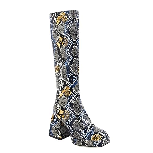 GZHMMAN Damenschuhe Kniehohe Stiefel Hoher Absatz Hohe Stiefel Overknee-Stiefel Quadratischer Kopf Dicke Sohle Dicker Absatz Hohe 11CM,Snake Print,38 von GZHMMAN