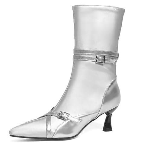 GZHMMAN Damenstiefel mit Hohen Absätzen Stiefeletten Überkreuzte Riemen Gürtelschnalle Spitz Zulaufender Hufeisenabsatz Gürtelschnalle Schnürung Seitlicher Reißverschluss Absatzhöhe 7 cm,Silver,34 von GZHMMAN