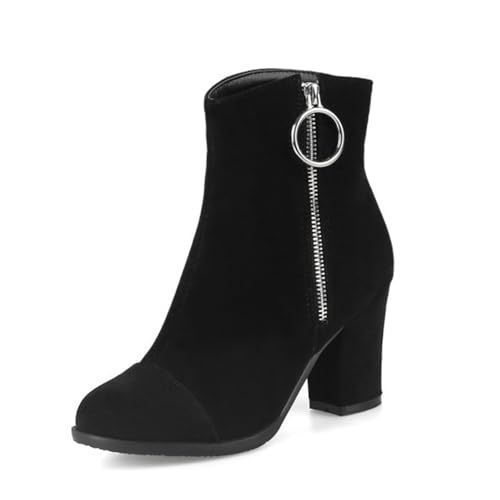 GZHMMAN Damenstiefel mit Runder Spitze und Hohem Absatz Wildleder Damenschuhe Blockabsatz Seitlicher Reißverschluss Ringreißverschluss Absatzhöhe 7 cm Geeignet für Das Lässige Pendeln,Black,36 von GZHMMAN