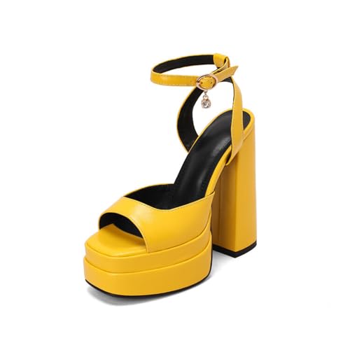 GZHMMAN Fischmaul-Sandalen mit Hohem Absatz für Damen Slingback Quadratische Zehenpartie Dicker Absatz Doppelschichtiges Plateau Knöchelriemen Absatzhöhe 14 cm,Yellow,44 von GZHMMAN