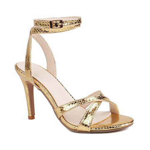 GZHMMAN Fischmaul für Frauen Hohle Sandalen Fischschuppenmuster Hoher Absatz Dünne Absätze Knöchelschnallenriemen 9CM Hoch,Gold,42 von GZHMMAN