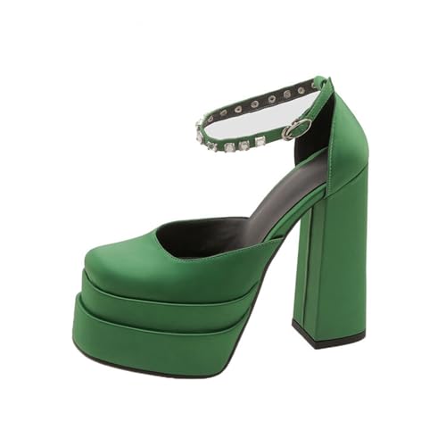 GZHMMAN Hohle Damen-Sandalen mit Hohen Absätzen Quadratische Zehen Dicker Absatz, Doppelschichtige Plateau-Knöchelschnalle mit Strass Absatzhöhe 14 cm,Green,37 von GZHMMAN