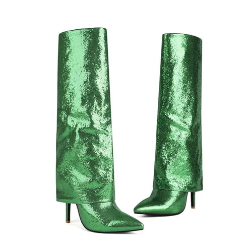 GZHMMAN Hosenstiefel Kniehohe Stiefel Overknee-Stiefel Damenschuhe Glänzend Fischschuppenmuster Spitze Spitze Dünne Absätze Hoher Absatz Hohe 12CM,Green,38 von GZHMMAN