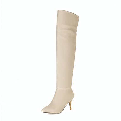 GZHMMAN Kniehohe Stiefel für Damen, Unterkniestiefel, spitzer Zehenbereich, Holzmaserung, Stilettos, hohe Stiefel, hohe Absätze, 8 cm hoch, Beige, 38 von GZHMMAN