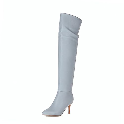 GZHMMAN Kniehohe Stiefel für Damen, Unterkniestiefel, spitzer Zehenbereich, Holzmaserung, Stilettos, hohe Stiefel, hohe Absätze, 8 cm hoch, Blau, Größe 42 von GZHMMAN