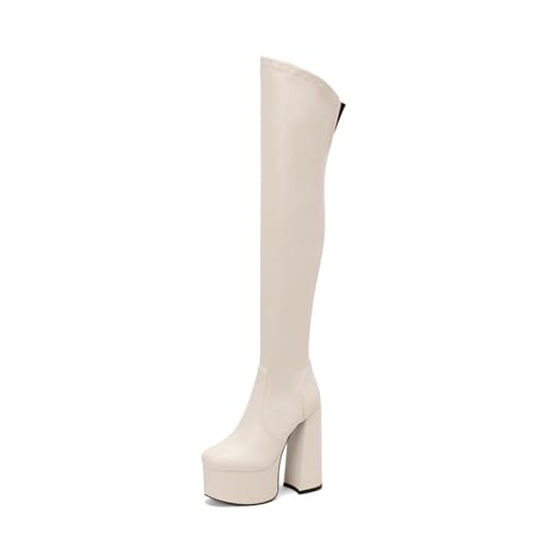 GZHMMAN Kniehohe Stiefel für Damen Runde Zehenpartie Blockabsatz Wasserdicht Plateau Overknee Vielseitiger Stil Absatzhöhe 15 Passt Zu Einem Kleid und Leggings,Beige,35 von GZHMMAN