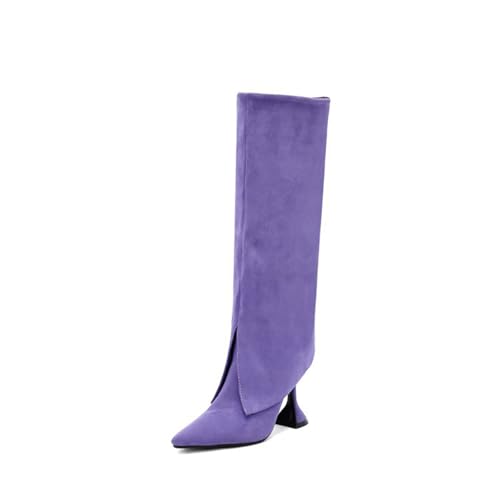 GZHMMAN Kniehohe Stiefel für Damen Stiefel Hosenstiefel Spitze Zehenpartie Weinglas-Absatz Schuhpaar mit Kleid und Leggings Absatzhöhe 9 cm,Purple,36 von GZHMMAN