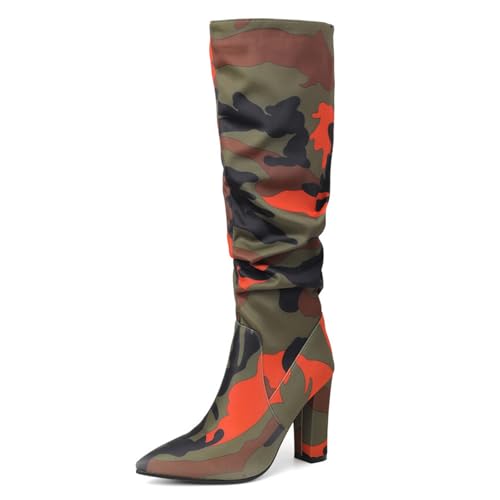 GZHMMAN Kniehohe Stiefel für Damen in Camouflage-Optik mit Spitzer Spitze und Dickem Absatz 10 cm Schichtabsatz für die Freizeit und Partys,Orange,40 GZHMMAN Kniehohe Stiefel für Damen in Camouflage-Optik mit Spitzer Spitze und Dickem Absatz 10 cm Schichtabsatz für die Freizeit und Partys,Orange,40 von GZHMMAN
