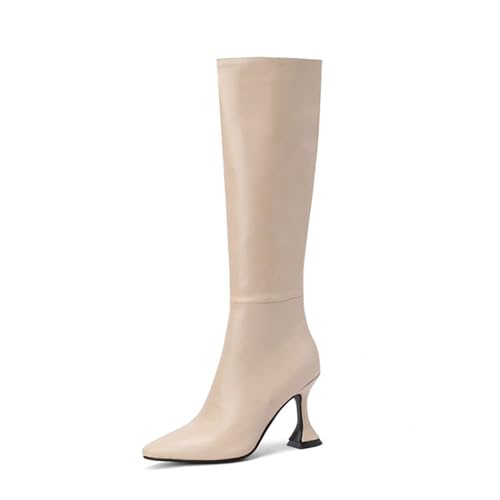 GZHMMAN Kniehohe Stiefel für Damen mit Spitzer Spitze und Weinglas-Absatz. Passt Zu Einem Kleid und Leggings. Absatzhöhe 9 cm,Beige,38 von GZHMMAN