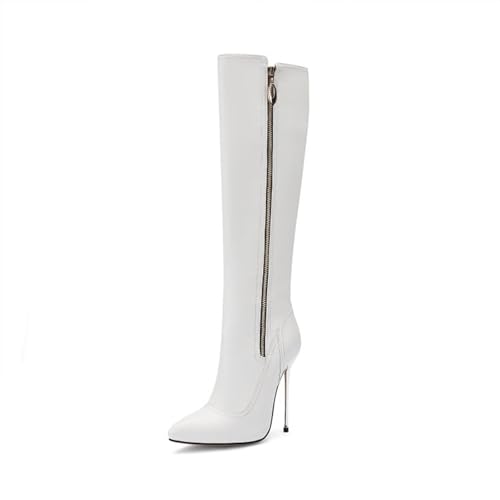 GZHMMAN Kniehohe Stiefel für Damen mit spitzer Spitze Stilettoabsatz aus Metall Reißverschluss außen Passt zu einem Kleid und Leggings Absatzhöhe 13 cm,White,36 von GZHMMAN