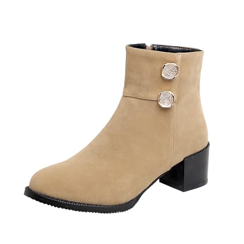 GZHMMAN Kurze Damenstiefel mit Hohen Absätzen Spitzschuh Blockabsatz Seitlicher Reißverschluss Strassknöpfe Wildleder Sind für Freizeit und Wandern Geeignet Die Absatzhöhe Beträgt 5 cm,Apricot,43 von GZHMMAN