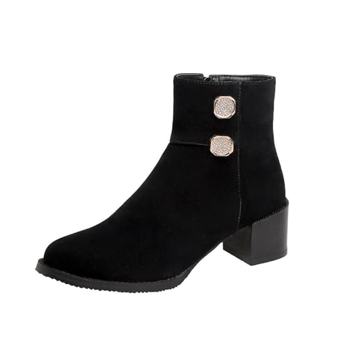 GZHMMAN Kurze Damenstiefel mit Hohen Absätzen Spitzschuh Blockabsatz Seitlicher Reißverschluss Strassknöpfe Wildleder Sind für Freizeit und Wandern Geeignet Die Absatzhöhe Beträgt 5 cm,Black,41 von GZHMMAN