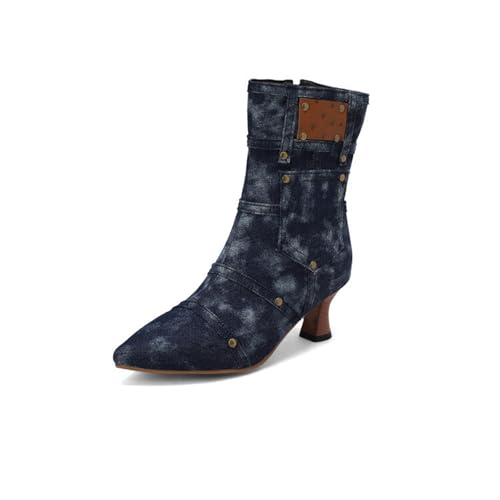 GZHMMAN Kurze Damenstiefel mit Spitzem Zehenbereich Hufeisenabsatz Seitlichem Reißverschluss Nietenriemen und Tasche Schuhe Im Jeans-Stil Absatzhöhe 6 cm,Dark Blue,34 von GZHMMAN