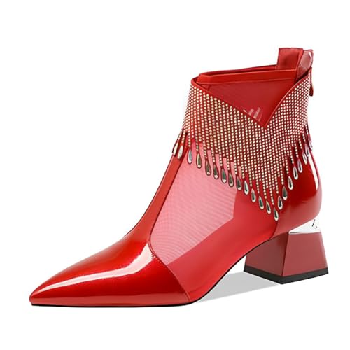 GZHMMAN Kurze Damenstiefel mit Spitzer Zehenpartie Lackleder Mesh Dicker Absatz Strassquasten Seitlicher Reißverschluss Absatzhöhe 5 cm Geeignet für Freizeit und Unterhaltung,Red,35 von GZHMMAN