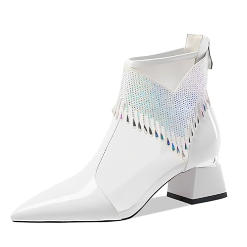 GZHMMAN Kurze Damenstiefel mit Spitzer Zehenpartie Lackleder Mesh Dicker Absatz Strassquasten Seitlicher Reißverschluss Absatzhöhe 5 cm Geeignet für Freizeit und Unterhaltung,White,35 von GZHMMAN