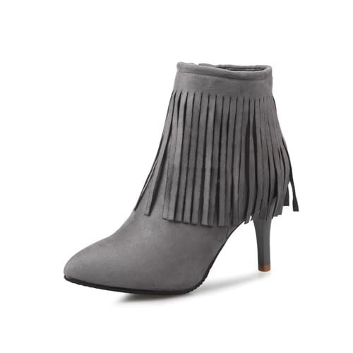 GZHMMAN Kurze Damenstiefel mit Spitzer Zehenpartie Stilettoabsatz Aus Wildleder Seitlicher Reißverschluss mit Quaste Geeignet für Dates Abendessen und Tänze Absätze 10 cm,Gray,53 von GZHMMAN