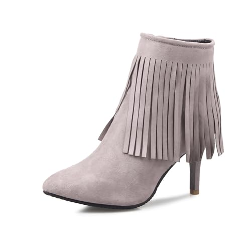 GZHMMAN Kurze Damenstiefel mit Spitzer Zehenpartie Stilettoabsatz Aus Wildleder Seitlicher Reißverschluss mit Quaste Geeignet für Dates Abendessen und Tänze Absätze 10 cm,Pink,46 von GZHMMAN