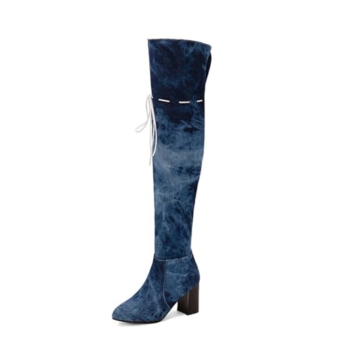 GZHMMAN Overknee-Stiefel Aus Denim Runde Zehenpartie Quadratischer Absatz Schnürdesign Klassischer Westernstil für Damen Absatzhöhe 5 Passend Zu Kleid und Leggings, Dark Blue,45 von GZHMMAN