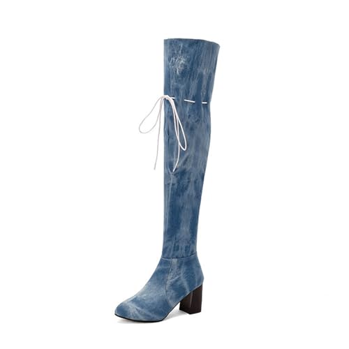 GZHMMAN Overknee-Stiefel Aus Denim Runde Zehenpartie Quadratischer Absatz Schnürdesign Klassischer Westernstil für Damen Absatzhöhe 5 Passend Zu Kleid und Leggings,Light Blue,35 von GZHMMAN