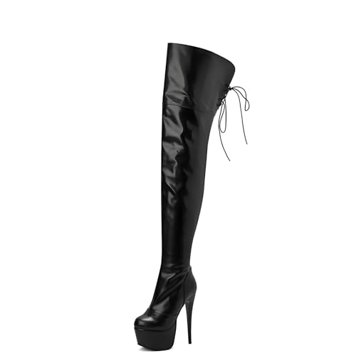 GZHMMAN Overknee-Stiefel für Damen Kniehohe Stiefel Stiefel Runder Kopf Dicke Sohle Stilettos Seitlicher Reißverschluss Hinten Zu Binden,Black,45 von GZHMMAN